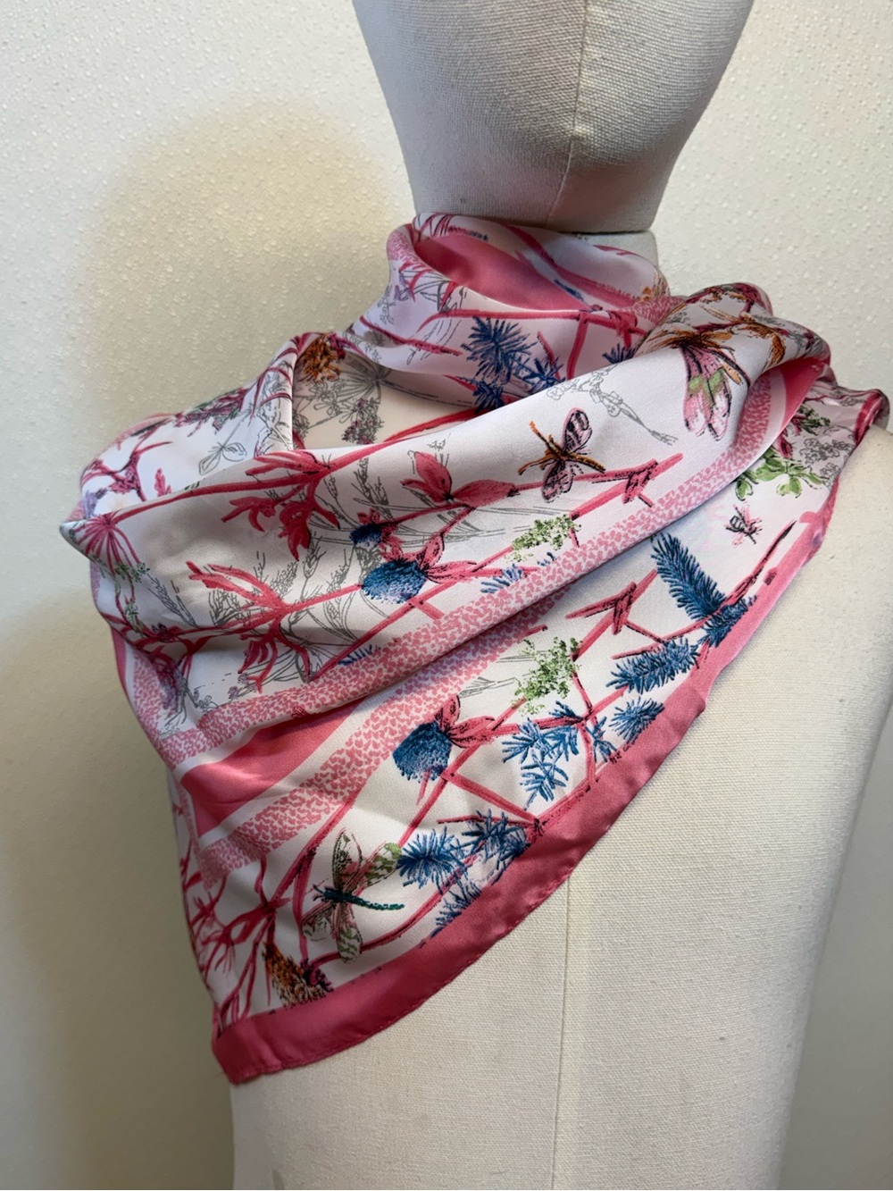 Source Unknown Pink Floral & Blue Botanical Silk-Feel Scarf (E-50)